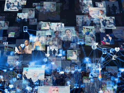 collage of people and technology icons