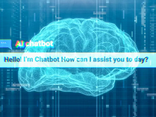 Brain with a textbox overlay reading "Hello, I'm chatbot, how can I assist you today?"