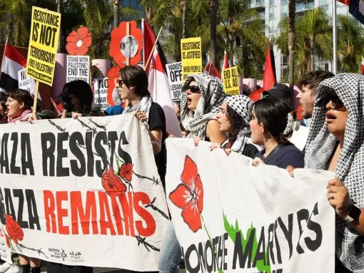 Anti-Israel protesters demonstrate in Los Angeles, CA, on October 5, 2024, in celebration of the one-year anniversary of Hamas’s October 7, 2023, attack on Israel. (source: Instagram)