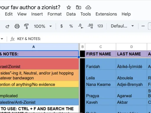 Screenshot from the spreadsheet “is your fav author a Zionist”, circulated in May 2024