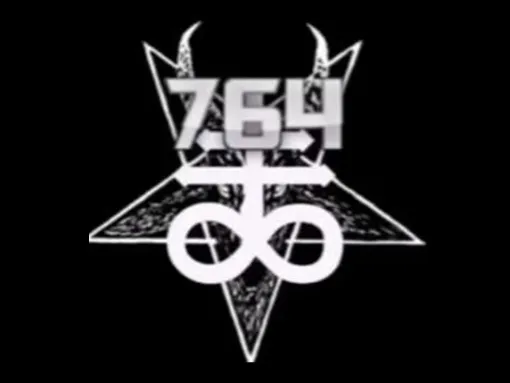 The logo for 764 in gray text over the Leviathan Cross, also known as Satan's Cross.