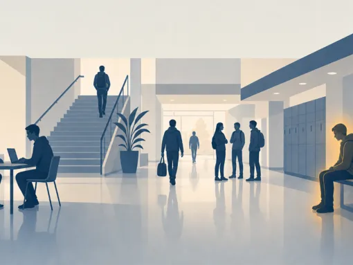 people in a building with a staircase and a long corridor
