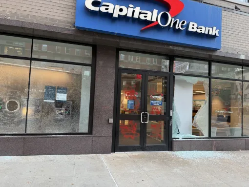 Photo: An image of a Capital One branch vandalized with anti-Israel graffiti posted by the New York City Council Speaker Julie Menin. (Screenshot/X)